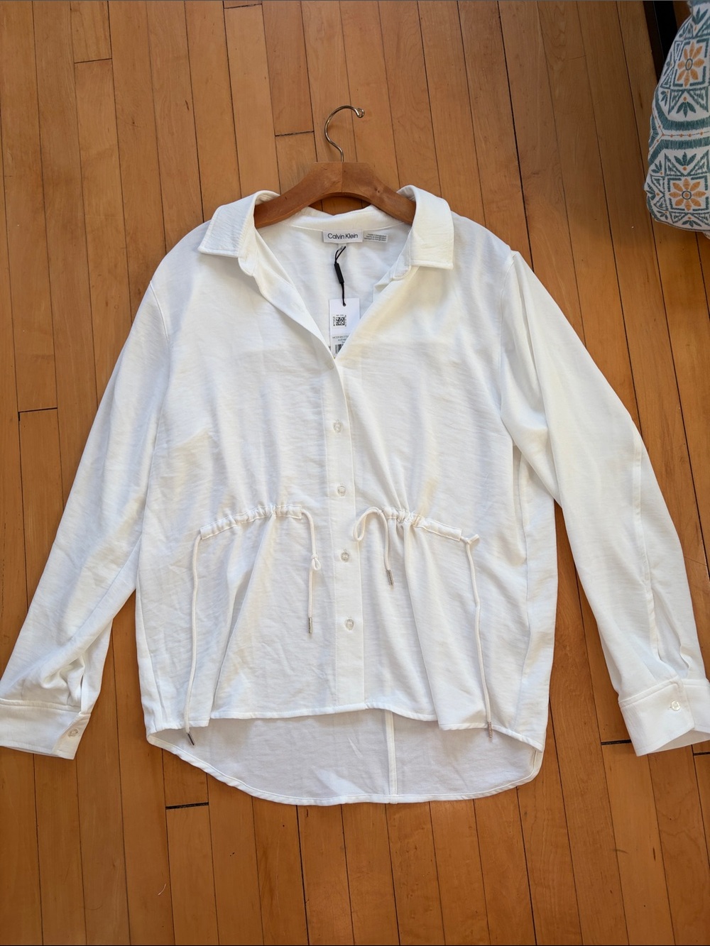 Calvin Klein White Button-Down Drawstring Shirt